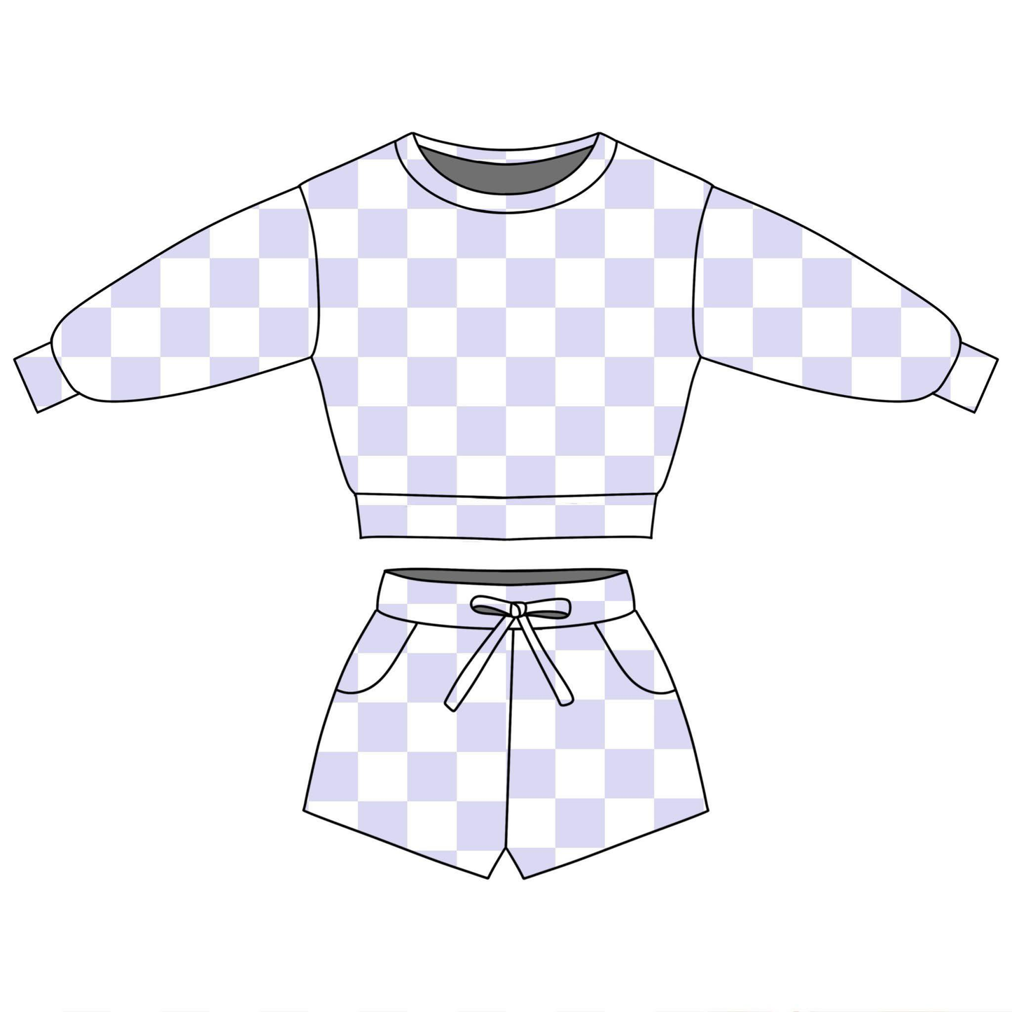 1.6 GLS0090 Pre order No Moq Baby Girls Lavender Checked Long Sleeve Top Pockets Shorts Clothes Sets