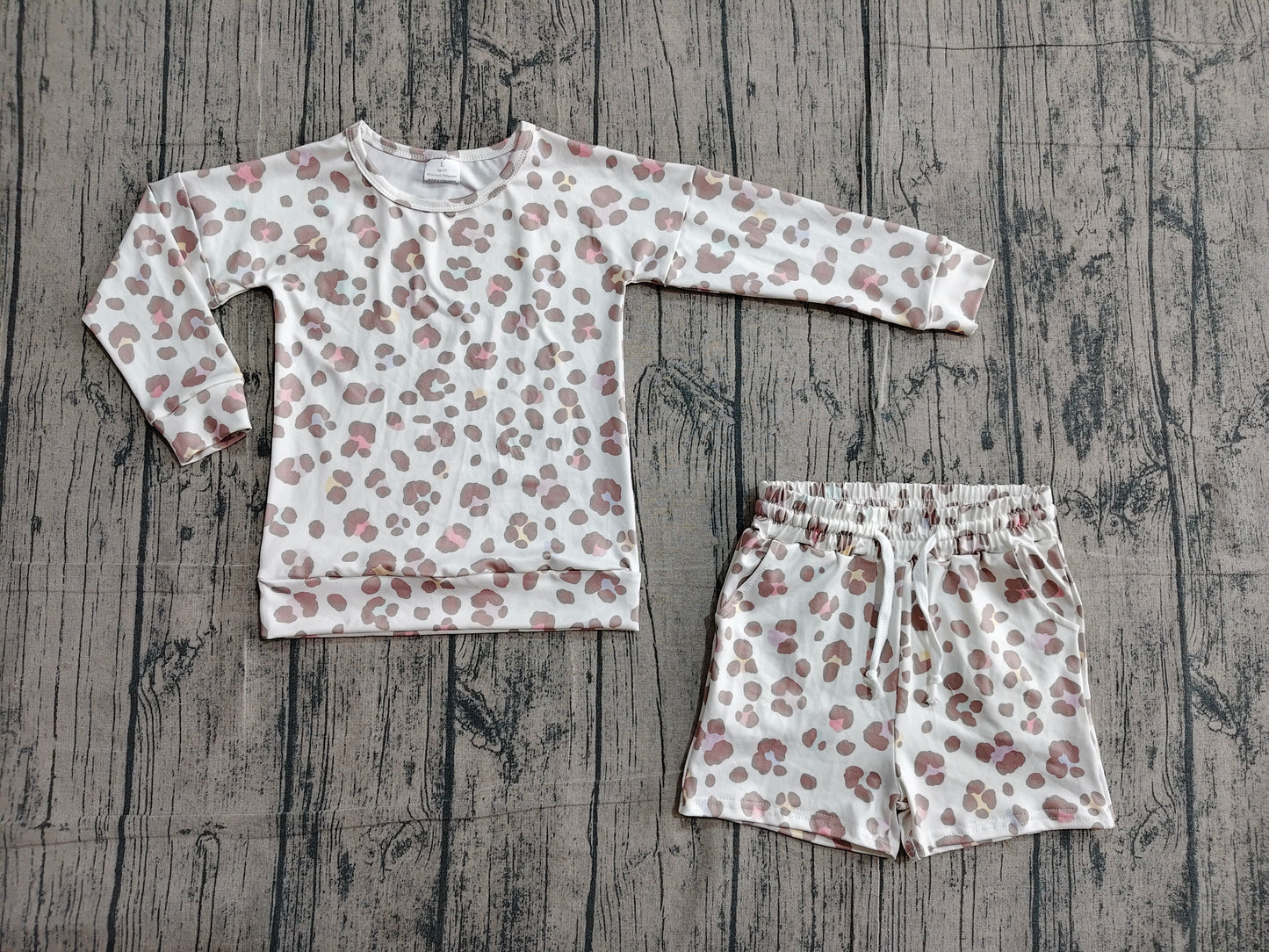 3.17 GLS0093 Sample No Moq Baby Girls Summer Fashion Long Sleeve Colorful Leopard Top Pockets Shorts Clothes Sets