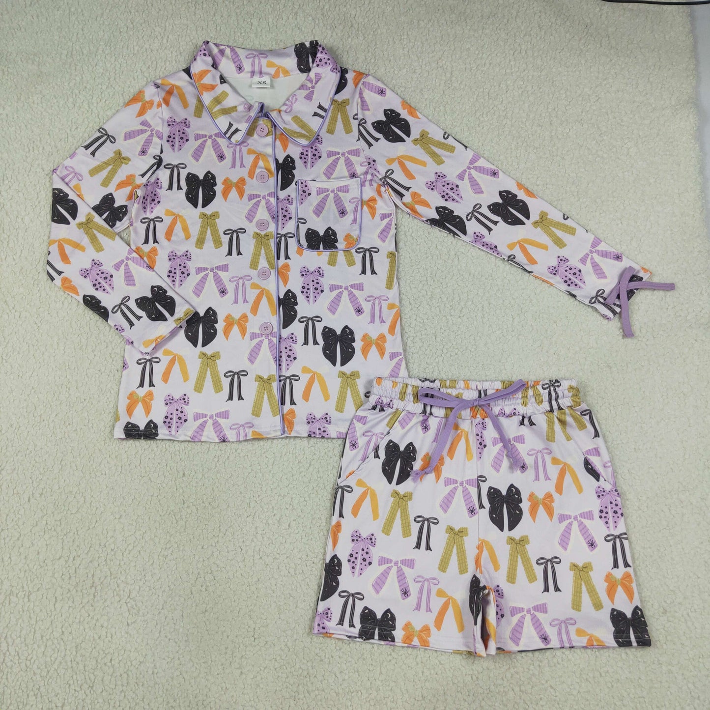 GLS0120 RTS NO MOQ (In stock) milk silk Adult Women Halloween Bow Print Button Front Pocket Top Shorts Pajama Set