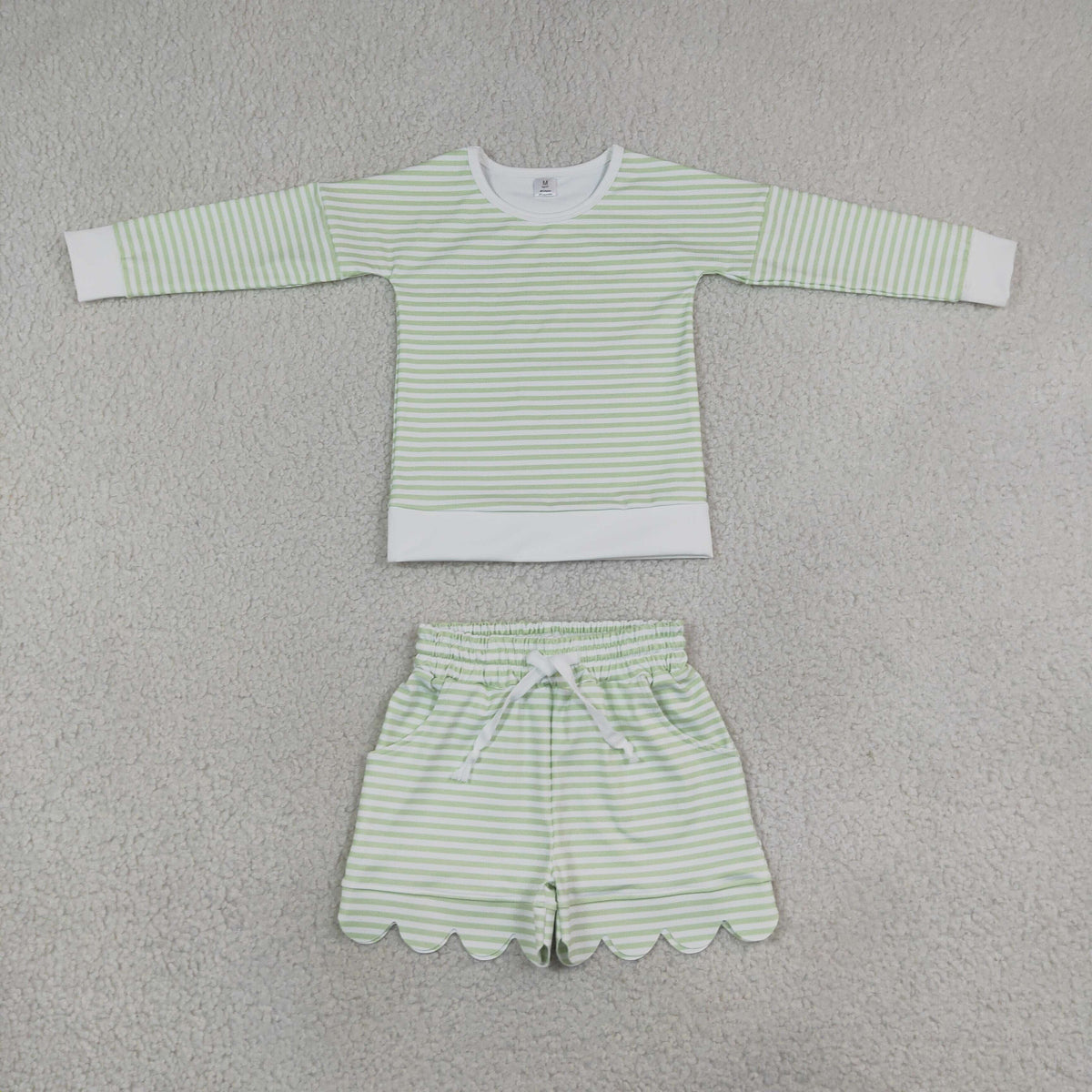 RTS NO MOQ (In stock) yoga fabric GLS0154 Baby Girls Light Green Stripe Long Sleeve Top Pockets Scallop Short Yoga Active Clothes Set