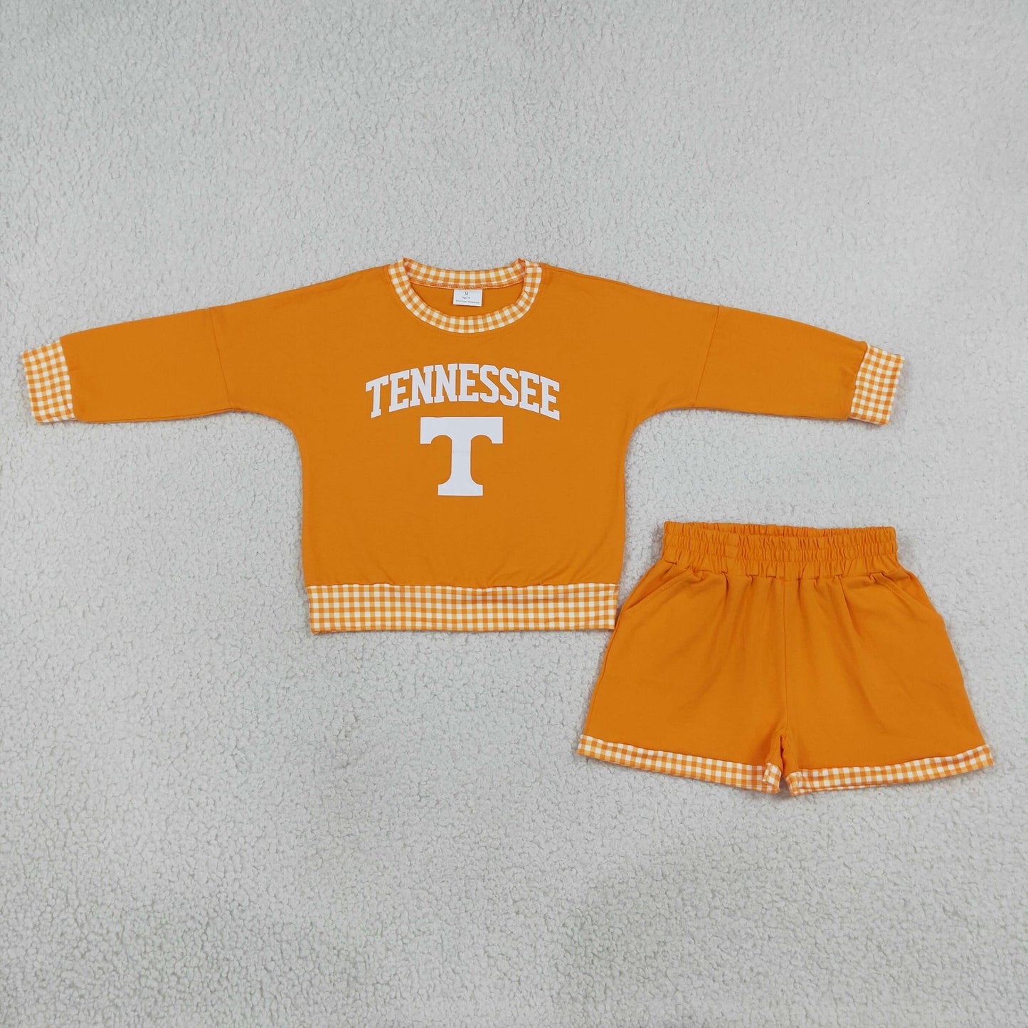 RTS NO MOQ (In stock) GLS0163 Baby Girls Vinyl Tennessee Long Sleeve Top Pockets Short Team Clothes Set