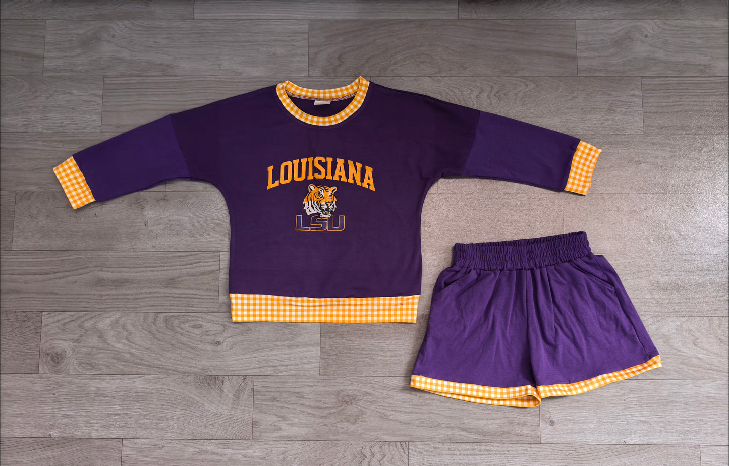 GLS0166 Sample No Moq Baby Boys Vinyl Louisiana Long Sleeve Top Short Team Clothes Set