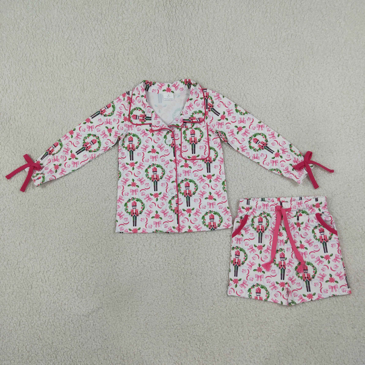 RTS NO MOQ (In stock) GLS0173 Baby Girls Christmas Pink Bow Button Front Pocket Top Short Pajama Set