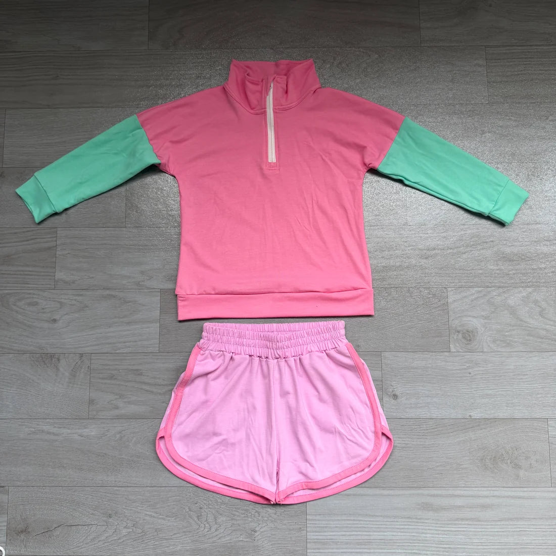 (Sample) No moq cotton GLS0193(GT1820+SS0991)Baby Girls Patchwork Zip Pullovers Pockets Short Casual Sets