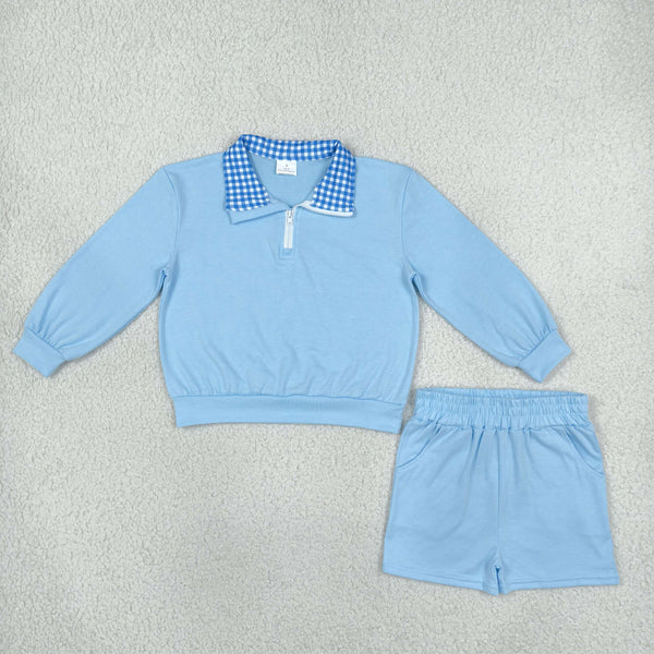 RTS NO MOQ Sibling cotton Baby Girls Solid Color Gingham Collar Half Zip Long Sleeve Top Short Pant Clothes Set