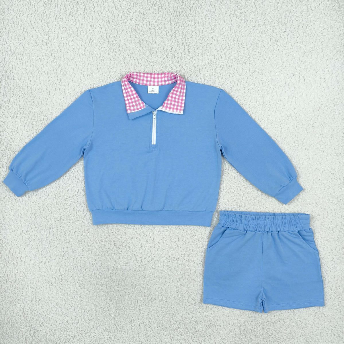 RTS NO MOQ (In stock)cotton GLS0228 Baby Girls Blue Long Sleeve Zip Front Pullover Side Pockets Short Set