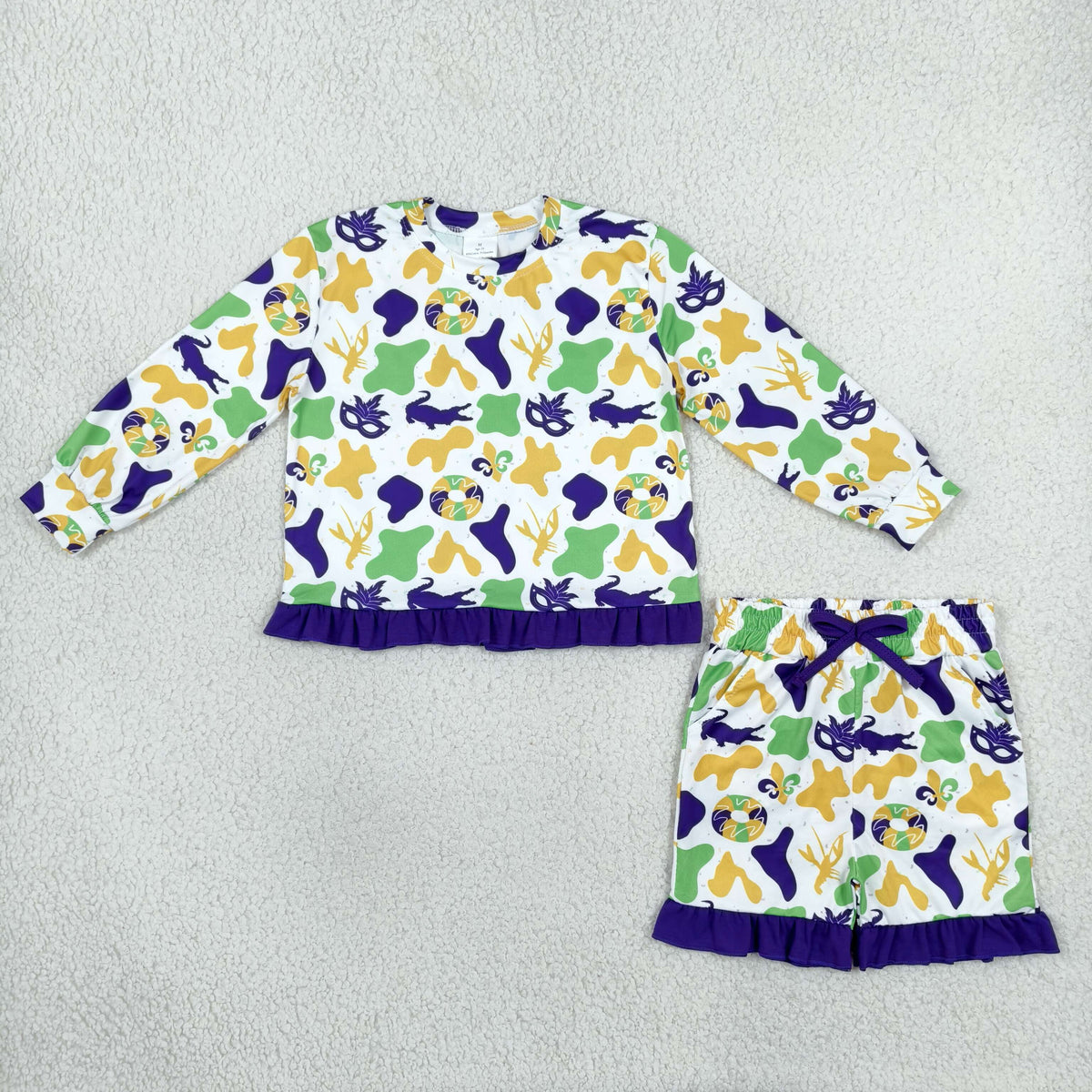RTS NO MOQ (In stock)milk silk GLS0243 Baby Girls Donuts Masks Camo Long Sleeve Top Ruffle Short Mardigras Clothes Set