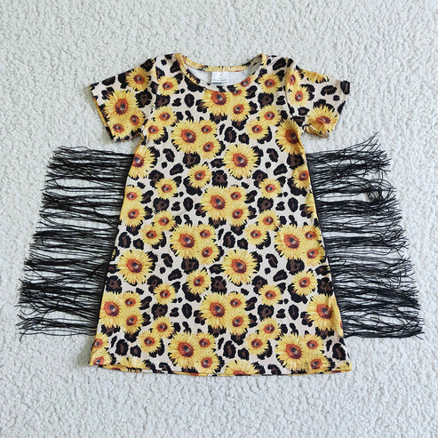 9.18 RTS Sibling Baby Girls Short Sleeves Flowers Cows Tassel Knee Length Dresses