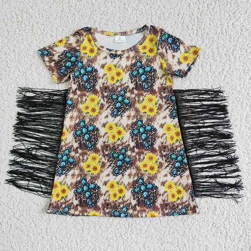 9.18 RTS Sibling Baby Girls Short Sleeves Flowers Cows Tassel Knee Length Dresses