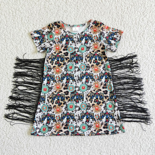 9.18 RTS Sibling Baby Girls Short Sleeves Flowers Cows Tassel Knee Length Dresses