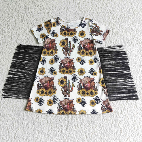 9.18 RTS Sibling Baby Girls Short Sleeves Flowers Cows Tassel Knee Length Dresses