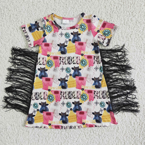 9.18 RTS Sibling Baby Girls Short Sleeves Flowers Cows Tassel Knee Length Dresses
