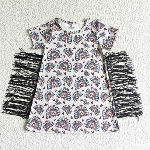 9.18 RTS Sibling Baby Girls Short Sleeves Flowers Cows Tassel Knee Length Dresses