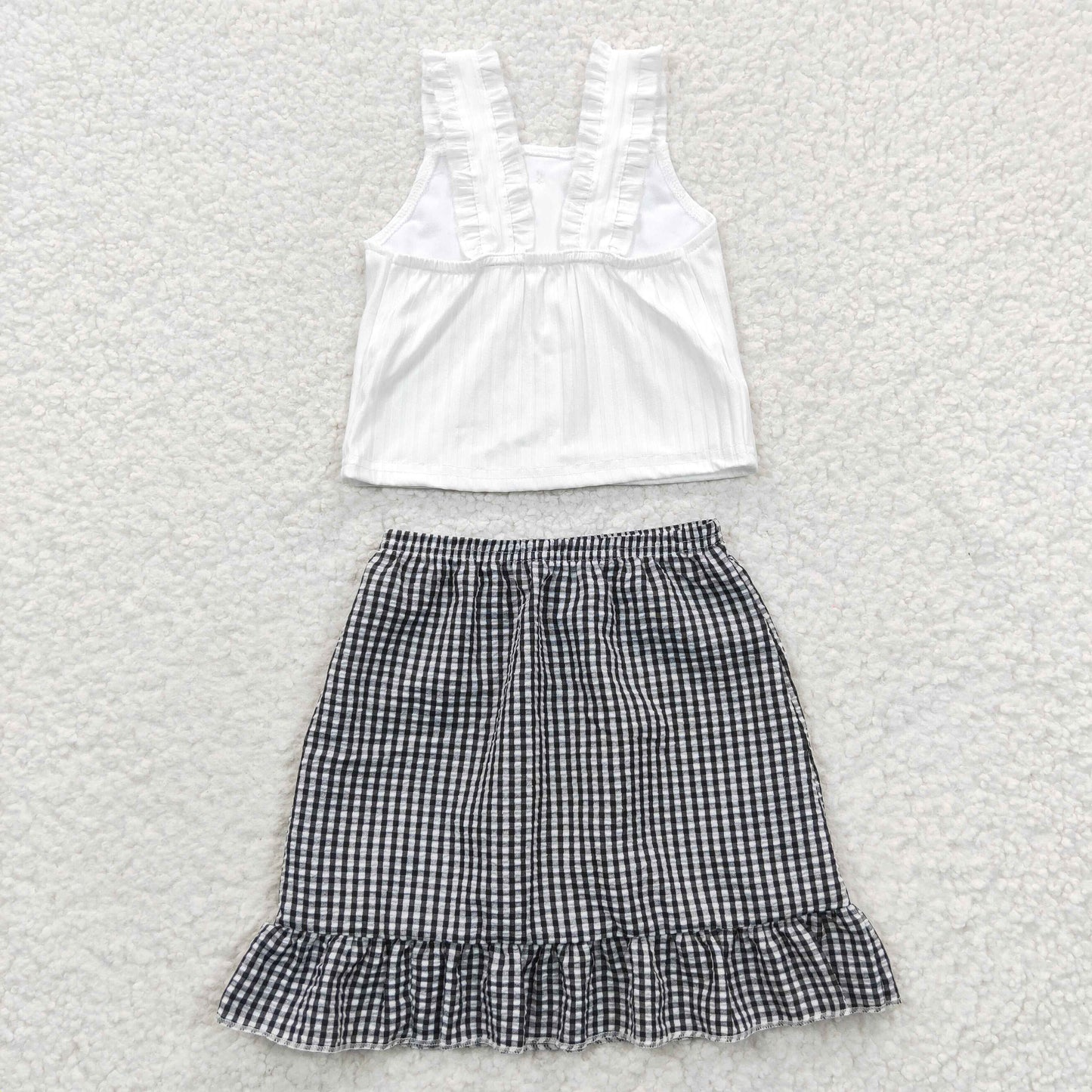 5.17 GSD0262Baby Girls Summer Outfits White ribbed top plaid seesucker skirt girls clothes