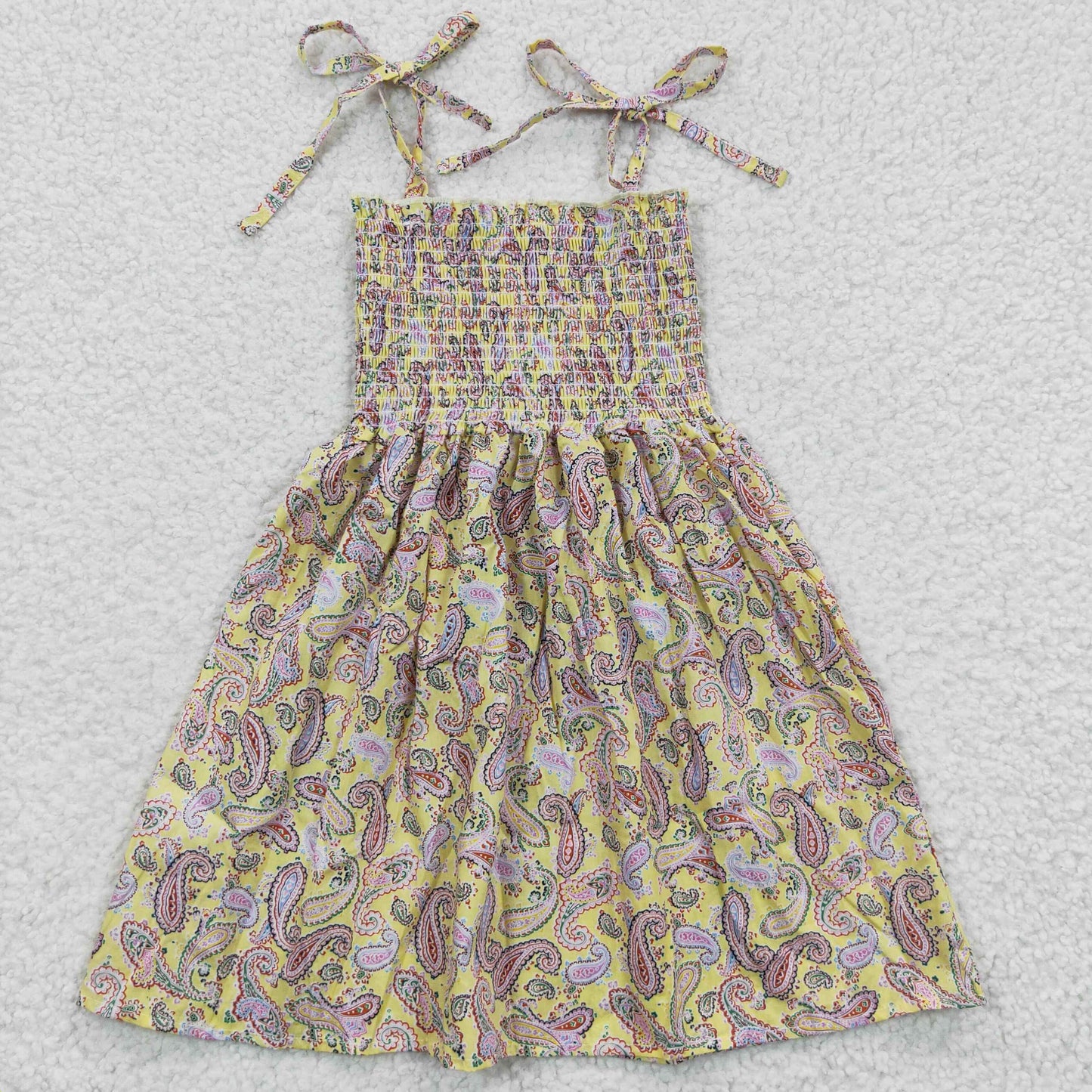 1.24 GSD0372 RTS No Moq Promotion Baby Girls Summer Dress Baby Girls Paisley yellow Elastic Knee Length Dresses