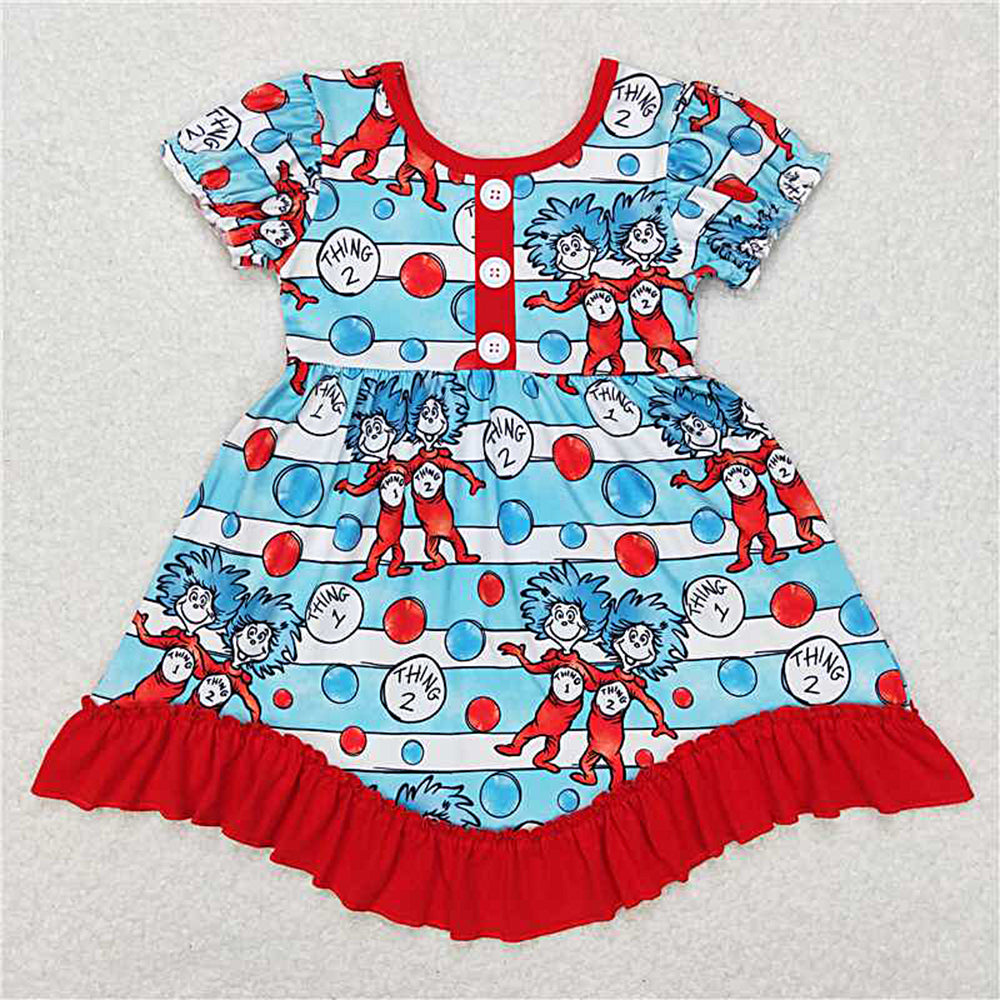 GSD0557Blue Stripe Cat Hat Ruffle Girls Dress Short Sleeves Cute Animal Print Feminine Fashionable Skirt for Little Girls