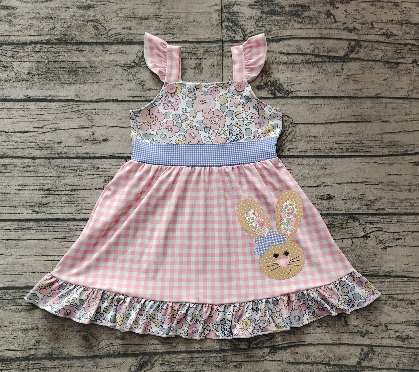 GSD0593Pink plaid floral bunny kids girls easter dresses
