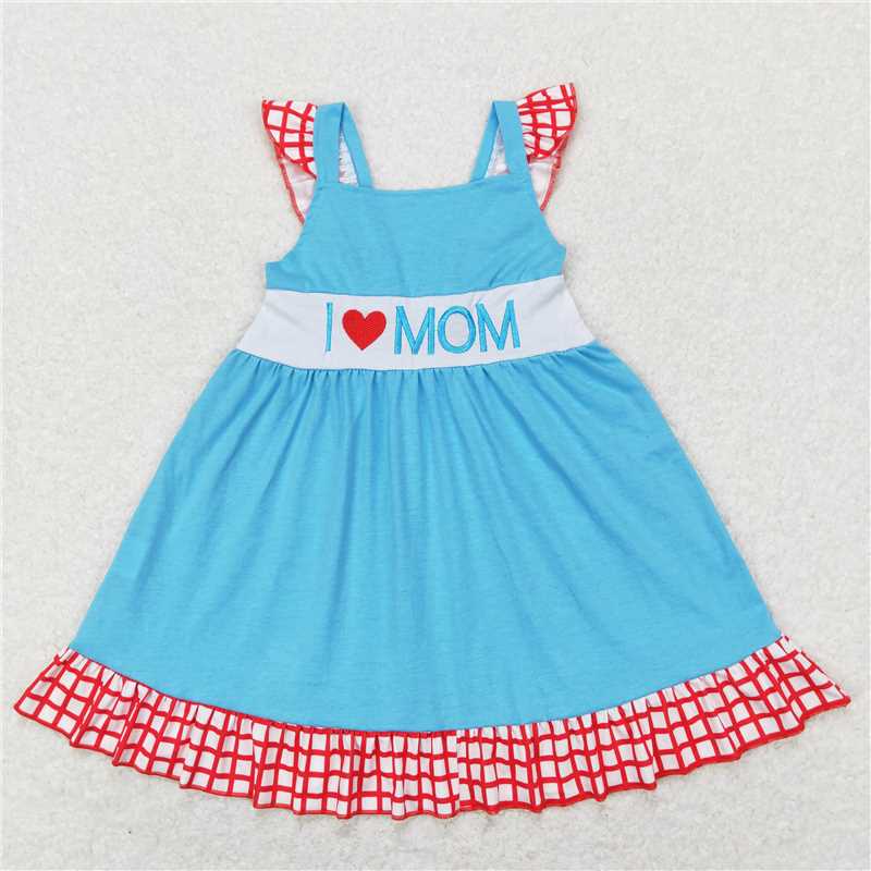 7.22 RTS NO MOQ I love mom light blue plaid ruffle girls mother's day dress rompers