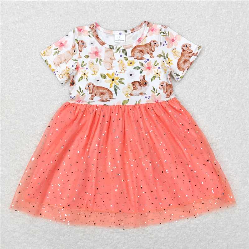 6.11 GSD2445 RTS NO MOQ Baby Girls Summer Dress Short sleeves rabbit floral girls easter tulle dress