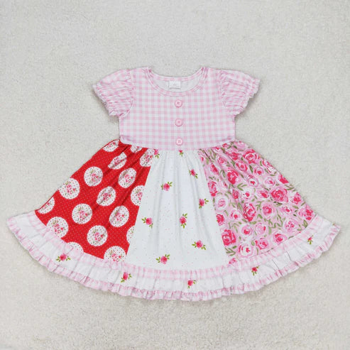 11.4 RST Sibling Baby Girls Flowers Plaid Button Pockets Ruffle Knee Length Dresses