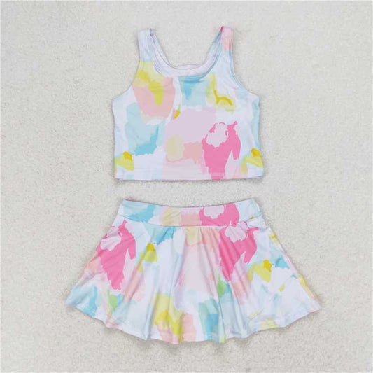 USA Warehouse (IN STOCK) GSD0991 Girls Sleeveless Tie Dye Top Skirt Set Summer Clothes Comfortable Lightweight Outfit for Kids