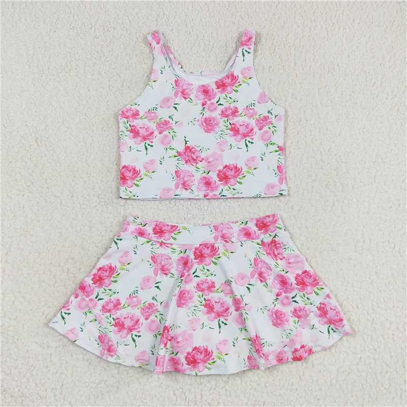 USA Warehouse (IN STOCK) GSD0994 Girls Sleeveless Pink Flower Skirt Top Summer Clothes Set Cute Floral Print Outfit for Little Girls