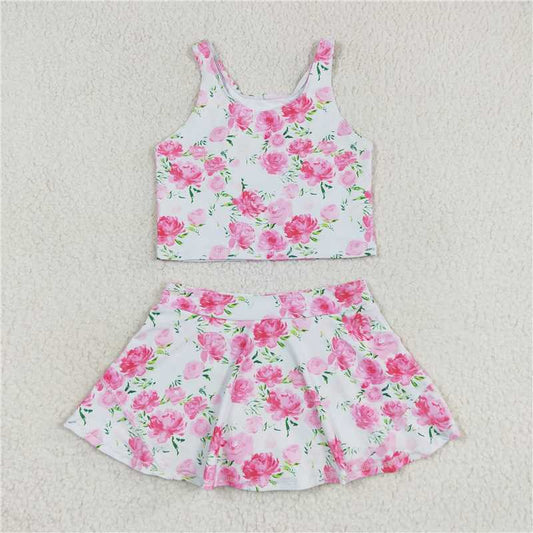 USA Warehouse (IN STOCK) GSD0994 Girls Sleeveless Pink Flower Skirt Top Summer Clothes Set Cute Floral Print Outfit for Little Girls
