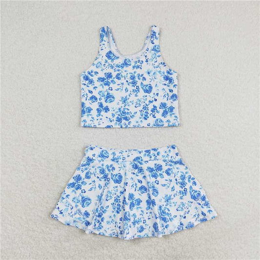 USA Warehouse (IN STOCK) GSD0995 Baby Girls Summer Blue Flowers Top And Skirt Set Active Wear Outfit Clothes Set for Little Girls