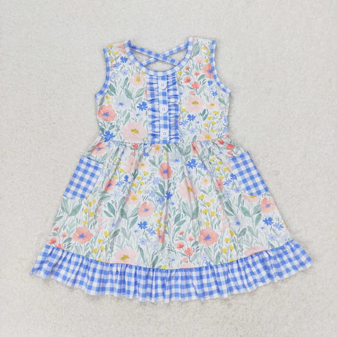 11.4 RST Sibling Baby Girls Flowers Plaid Button Pockets Ruffle Knee Length Dresses