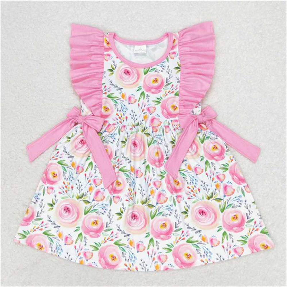 4.24 RTS NO MOQ Girls Pink Ruffles Floral Tunic Short Set Spring Summer Outfit Cute Children's Clothing Floral Print Ruffle Detailing