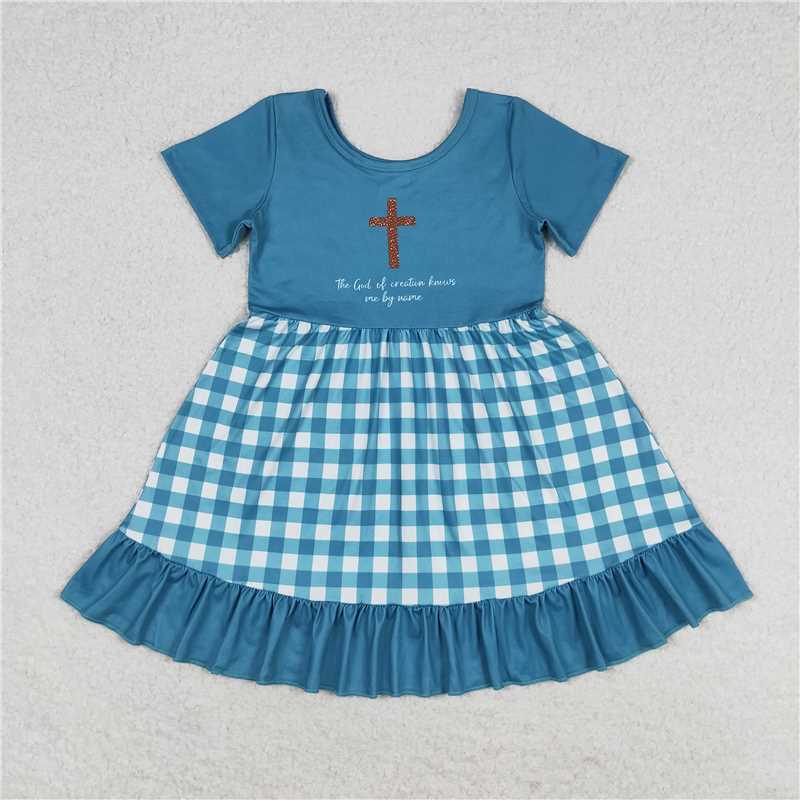 6.16 RTS NO MOQ Short sleeves cross plaid ruffle girls dresses rompers