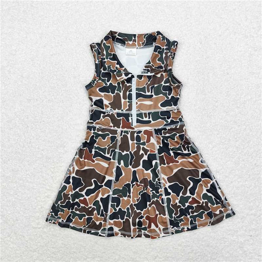 USA Warehouse (IN STOCK) GSD1382 Brown Camo Sleeveless Zipper Athletic Dress with Shorts Women's Fashion Sportswear Casual Outfit