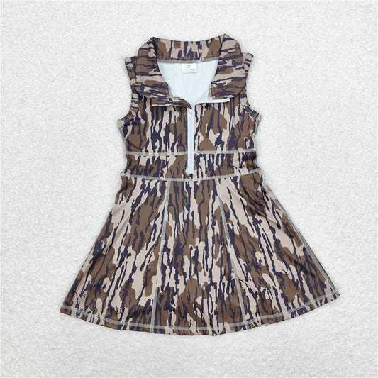 USA Warehouse (IN STOCK) GSD1383 Girls Camouflage Sleeveless Zipper Athletic Dress with Built-in Shorts Girls Camo Active Wear for Kids