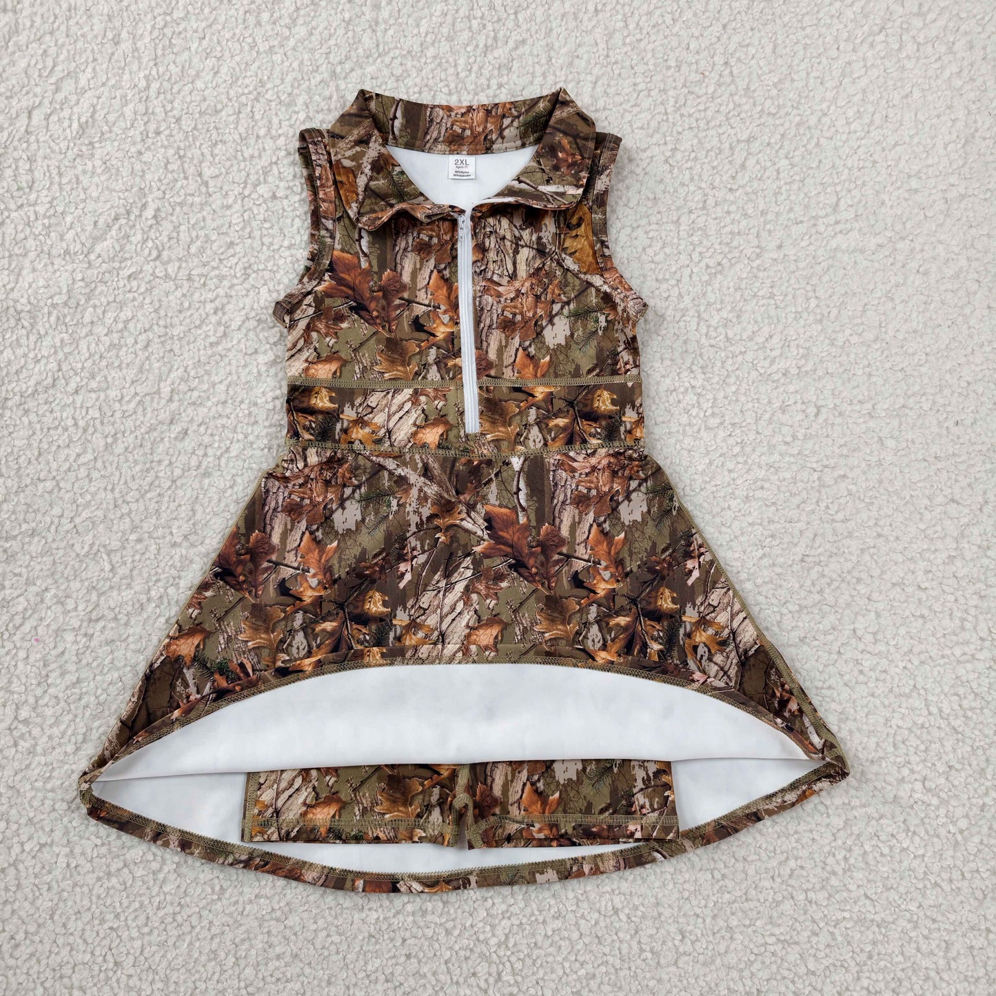 GSD1384 RTS NO MOQ (In stock)Sleeveless leaves camo zipper kids girls athletic dresses