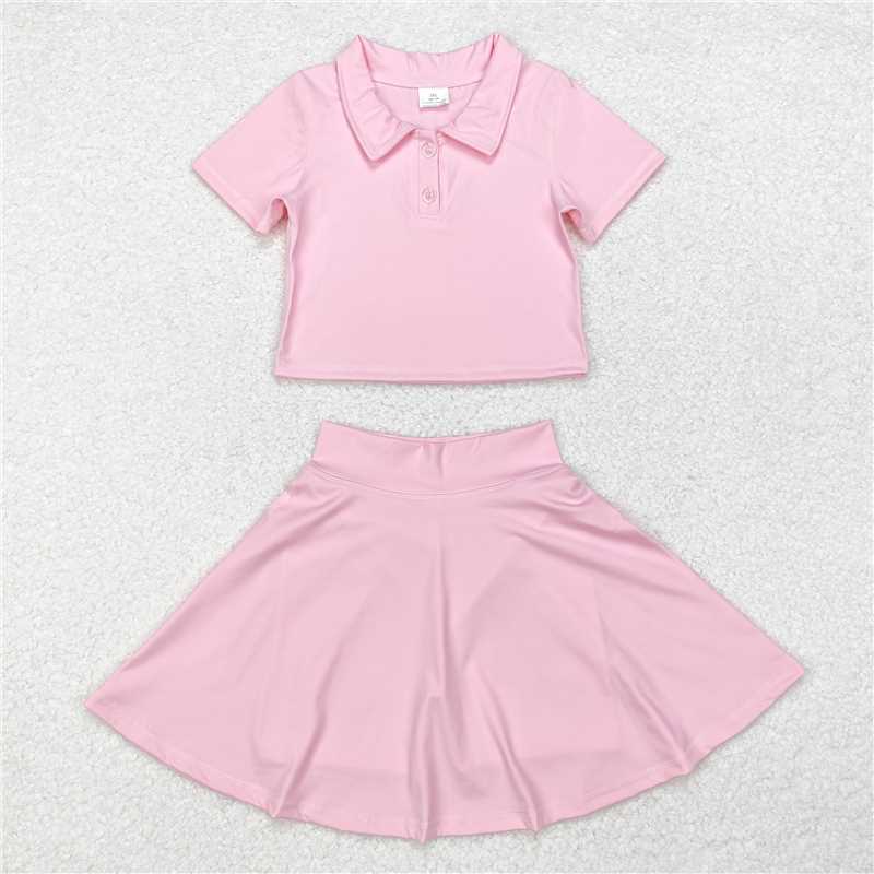 6.09 RTS NO MOQ Baby Girls Summer Yoga Outfits Blue polo shirt skirt girls active wear set