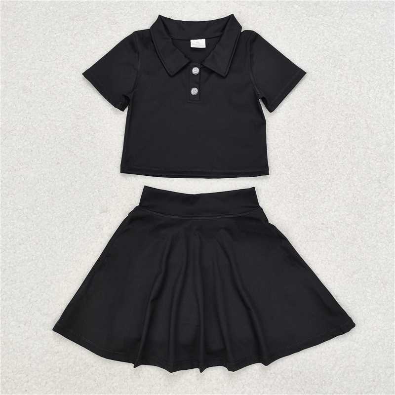 6.09 RTS NO MOQ Baby Girls Summer Yoga Outfits Blue polo shirt skirt girls active wear set