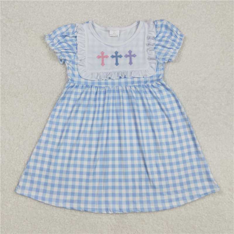 6.16 RTS NO MOQ Light blue plaid cross baby girls Easter dresses rompers