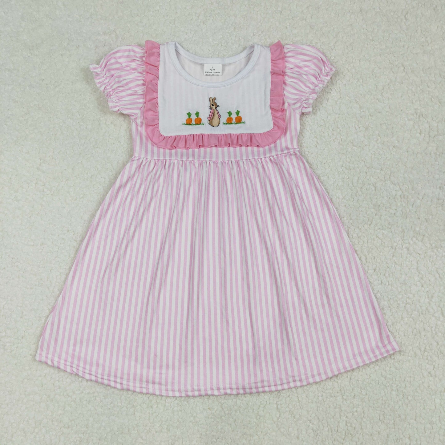 GSD1532Baby Girls’ Adorable Short-Sleeved Pink Stripe Bunny Carrot Dress for Easter Celebration