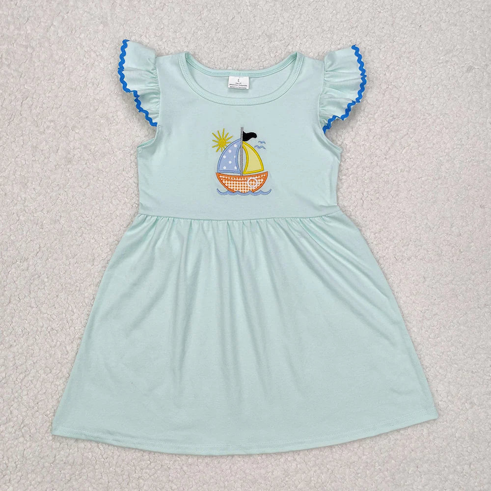 1.14 RTS Sibling Girls Baby Boys Sailboat Embroidery Summer Dresses Clothing Sets