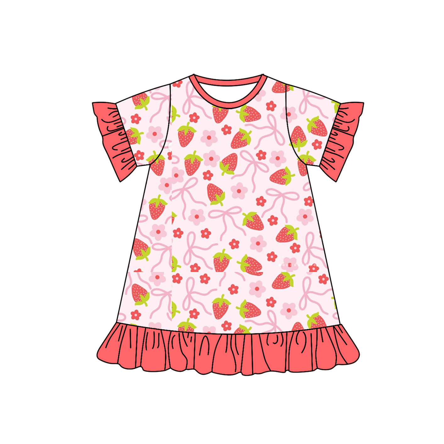 Baby Girls Red Bow Strawberry Ruffle Knee Length Dress - Short Sleeve Long Pants Set - Romper Mixed Sizes Pre-Order