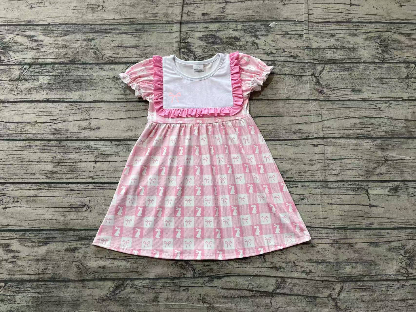 GSD1578Short sleeves pink bow bunny baby girls Easter dress