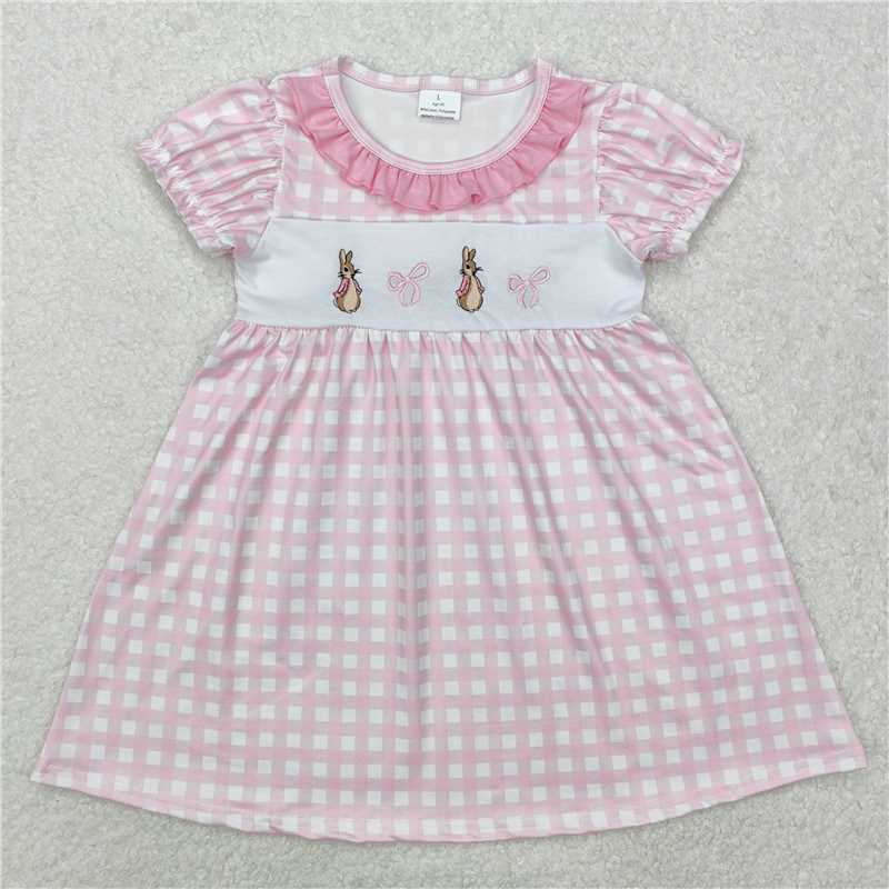 GSD1583Baby Girls Short Ruffle Sleeves Pink Plaid Embroidery Rabbit Easter Dress