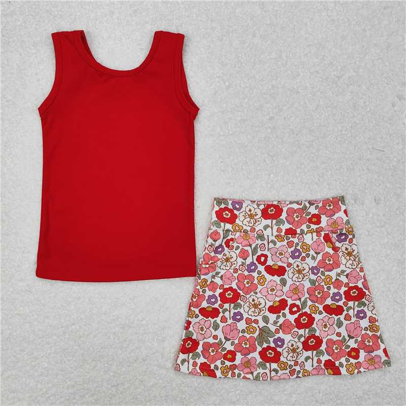4.30 GSD1598 RTS NO MOQ Baby Girls Red Sleeveless Vest Top Skirts With Shorts Yoga Set