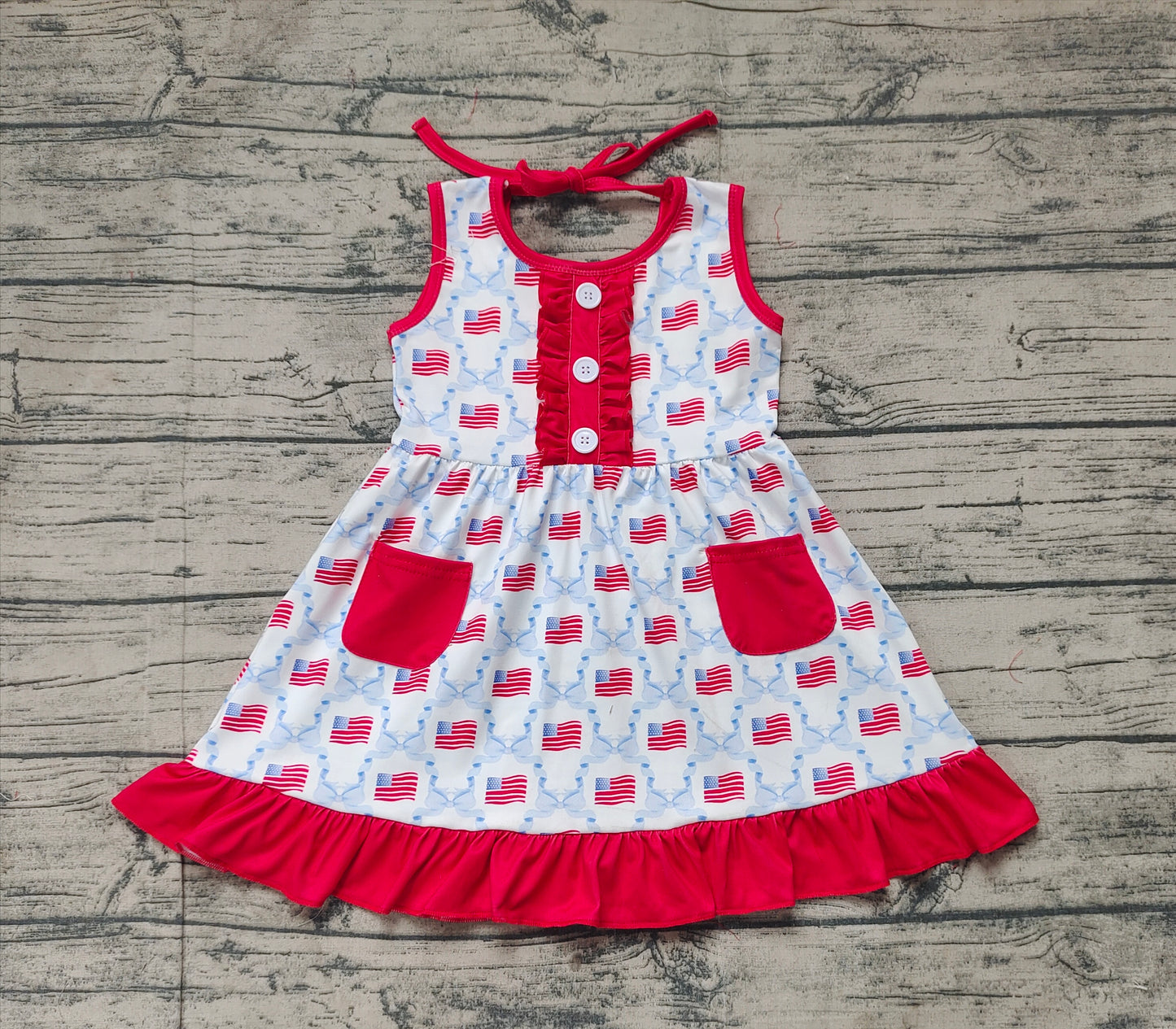 GSD1625Baby Girls Sleeveless Bow Flag Dress 4th of July Patriotic Outfit Summer Casual Dress for Little Girls