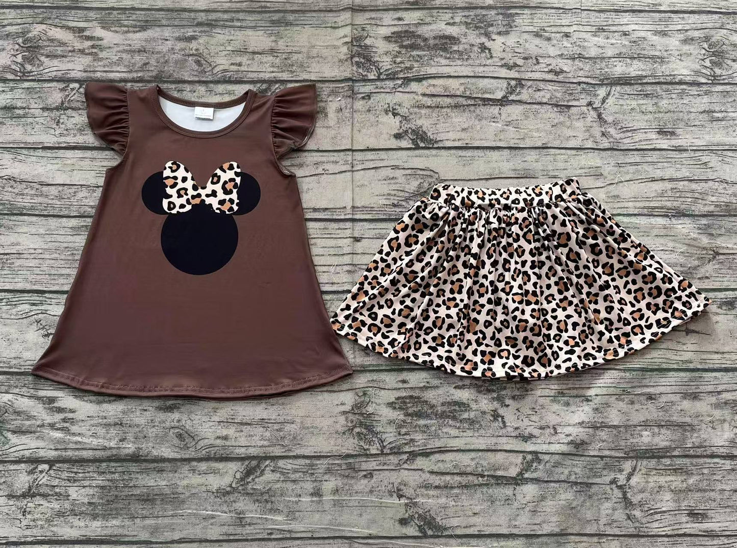 GSD1664Flutter sleeves mouse top leopard skirt girls clothing set