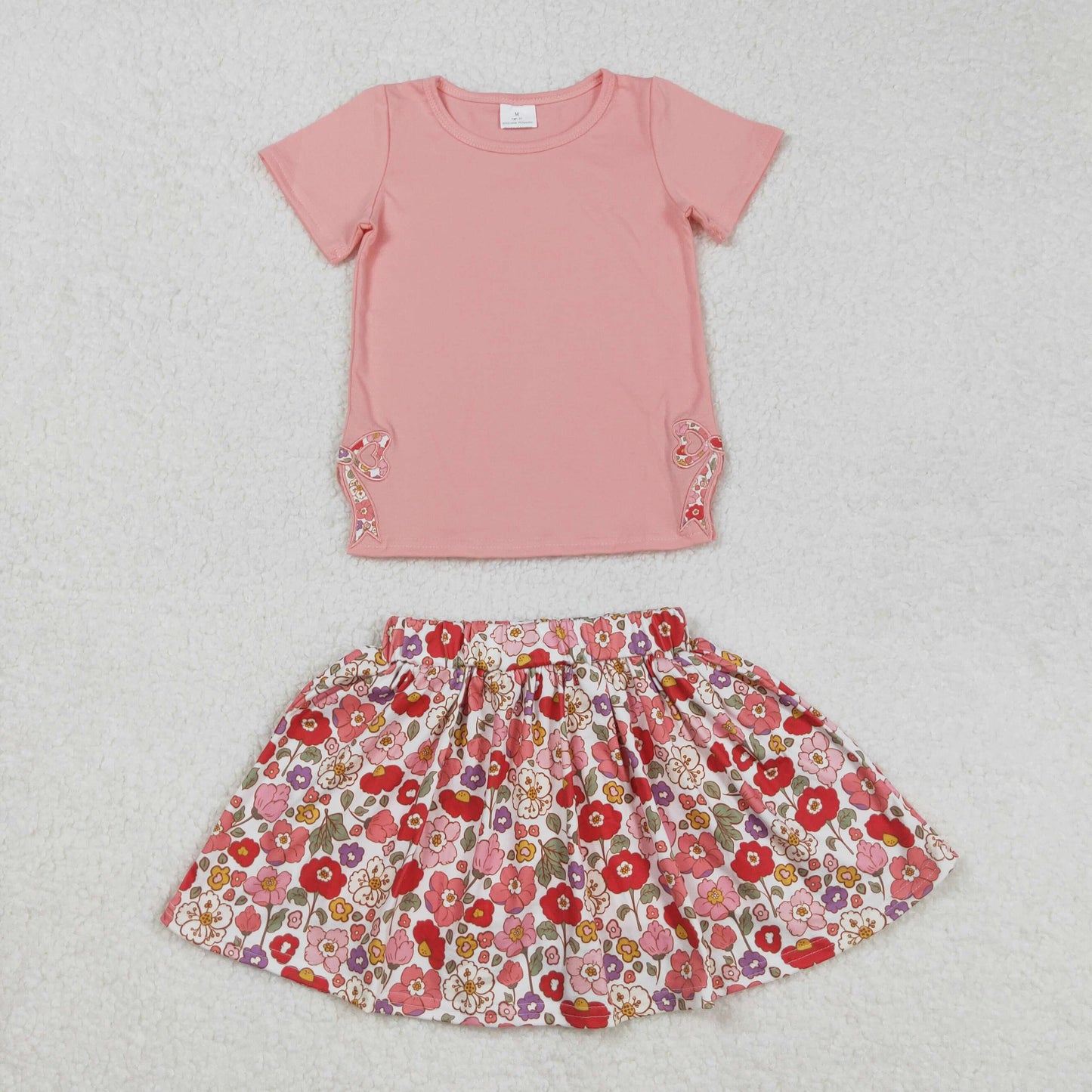 GSD1721RTS NO MOQ Baby Girls Skirt Sets Kids Girls Peach Floral Skirt Set with Short Sleeves Bow Top - Floral Outfit for Children