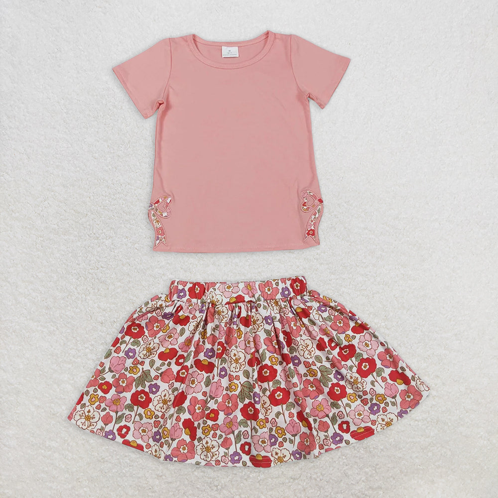 GSD1721RTS NO MOQ Baby Girls Skirt Sets Peach short sleeves bow top floral skirt kids girls clothes