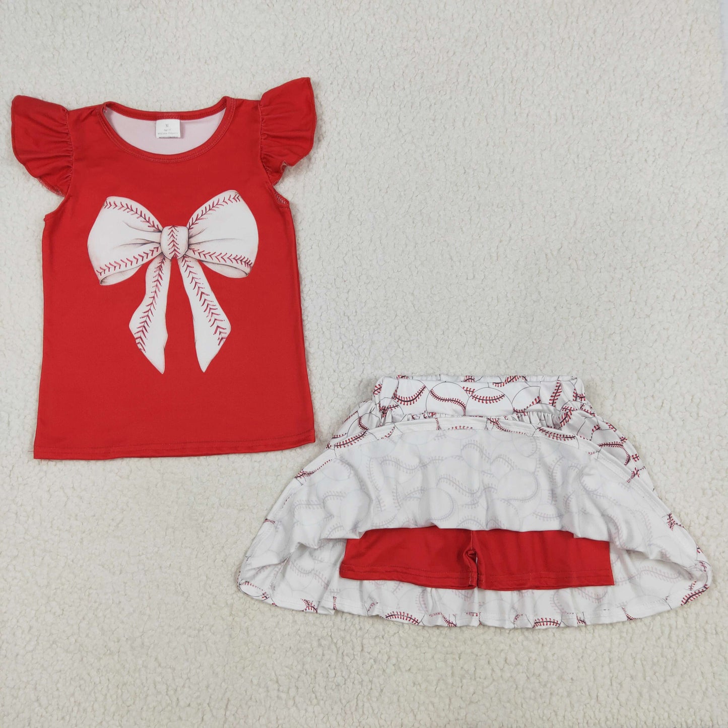 GSD1722Baby Girls Red Bow Shirt Baseball Skirts Clothes Sets