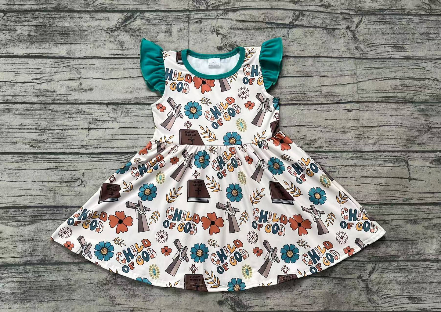 GSD1742Flutter sleeves child of god cross floral baby girls dresses