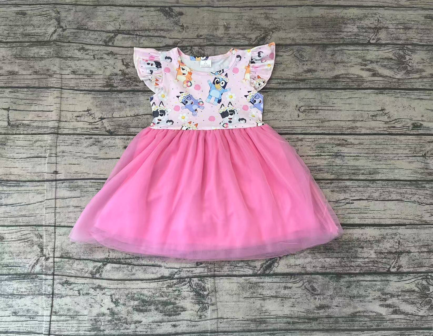 GSD1789Flutter sleeves pink dog floral kids girls tulle dresses